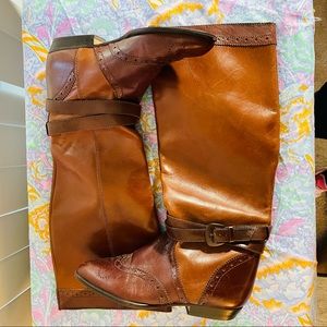 Western inspired brown leather calve length boots